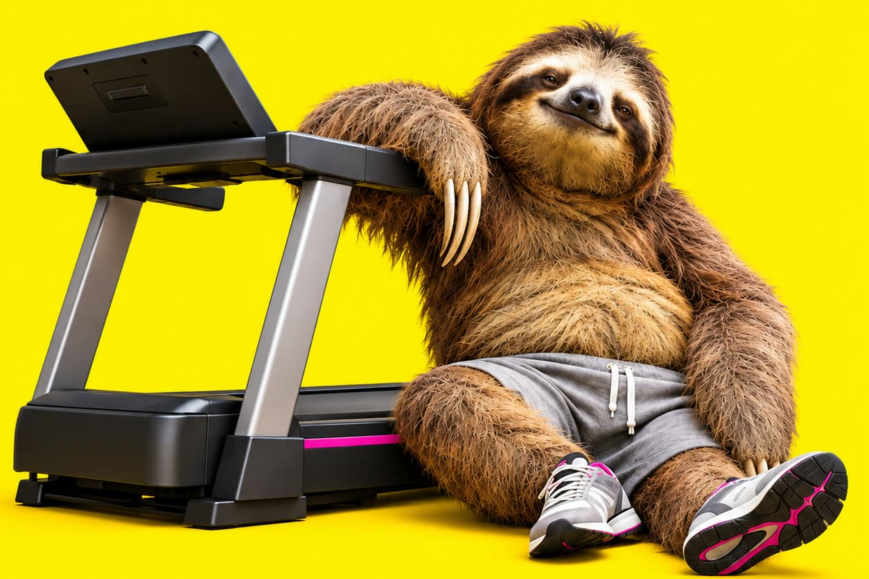 Faultier in Sporthose sitzt entspannt neben einem Laufband