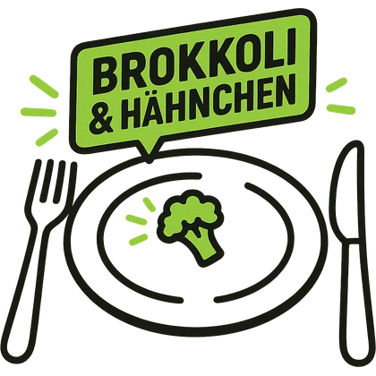 Zeichnung: ein Teller mit Brokkoli und Hähnchen